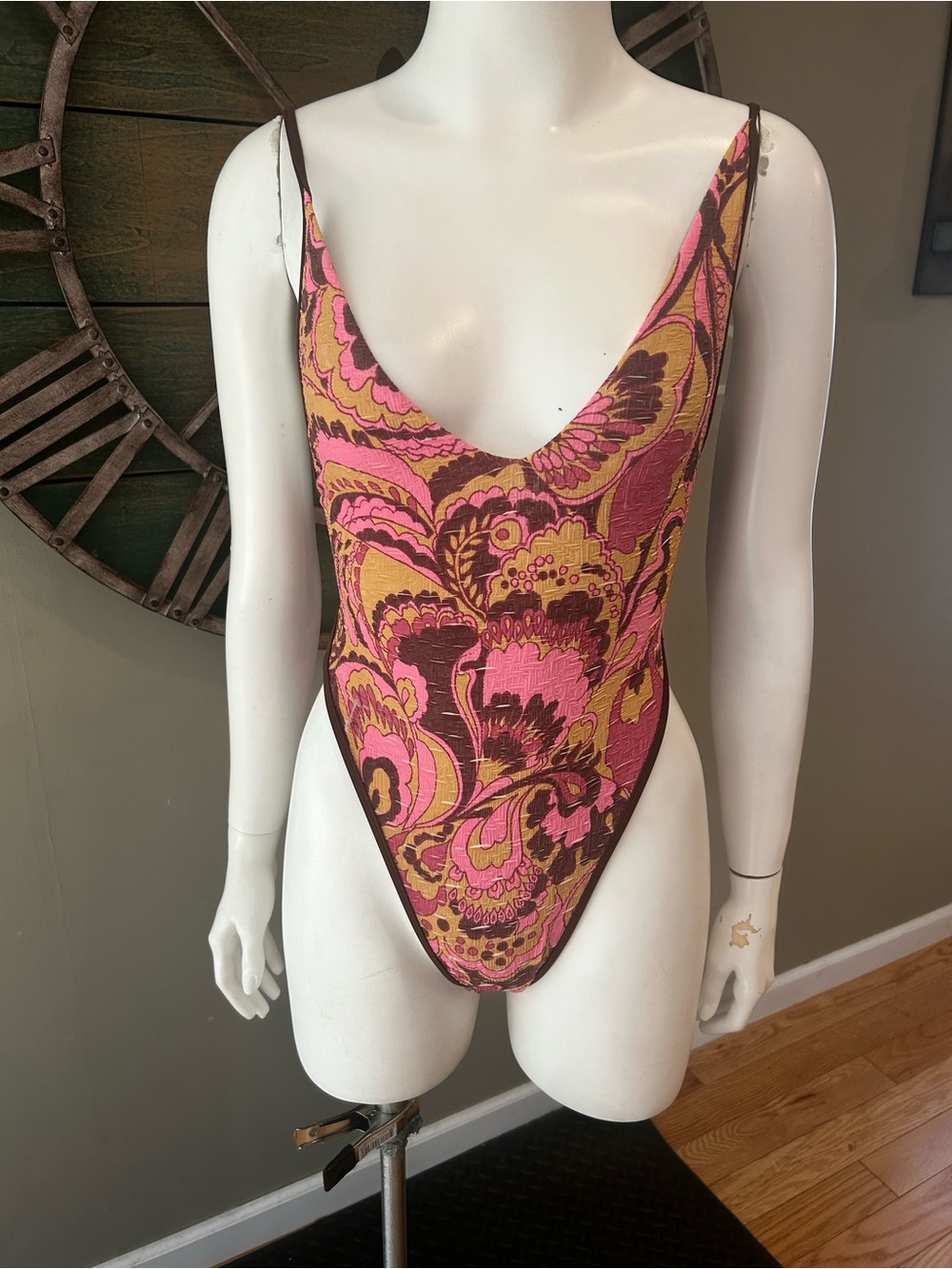 Free People Pink and Brown Floral Print One-Piece Swimsuit